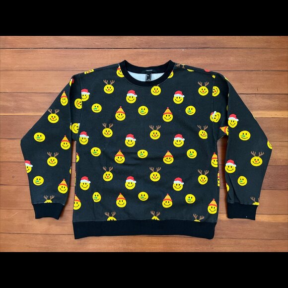 Forever 21 Christmas Happy Face Emoji Pullover Crewneck Sweater Sweatshirt Sz S - Picture 1 of 13